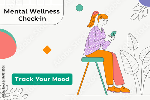 Woman using smartphone for mental wellness check in and mood tracking