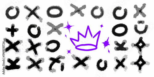 Abstract arrangement of game pieces and a purple crown illustration