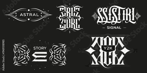Detailed gothic lettering designs with ornate flourishes and abstract shapes