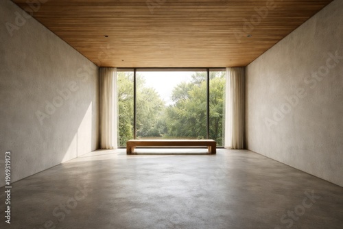 Minimalist vacant room with concrete floor and wooden ceiling featuring large window and bench