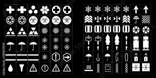 Collection of minimalist white shipping and handling symbols on black background