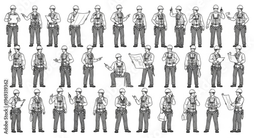 Collection of Construction Workers in Various Poses and Actions.
