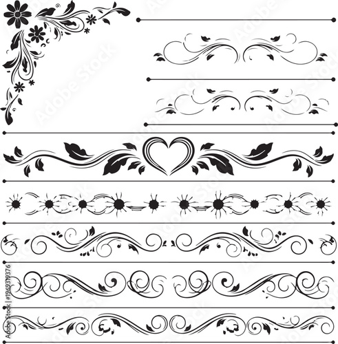 Set of calligraphic floral elements with hearts for wedding invitation design. Vector decorative ornament with flower silhouette. Dividers and frame elements
