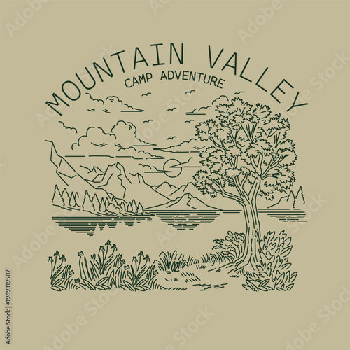 Retro illustration nature rocky mountain valley adventure camp landscape national park. Vintage artwork outdoor apparel design	

