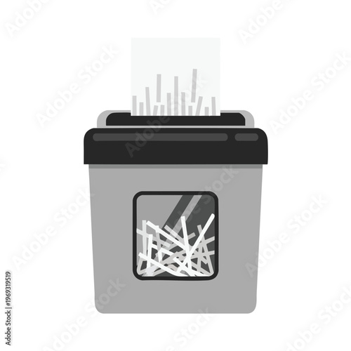 A grey document shredder with shredded paper visible in a transparent window