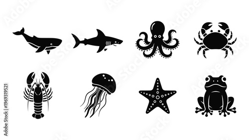 A collection of marine and amphibious creatures depicted in stark black shapes forming a distinctive silhouette high quality professional detailed modern