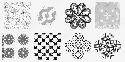 Abstract geometric patterns displayed in a grid of black and white sketches
