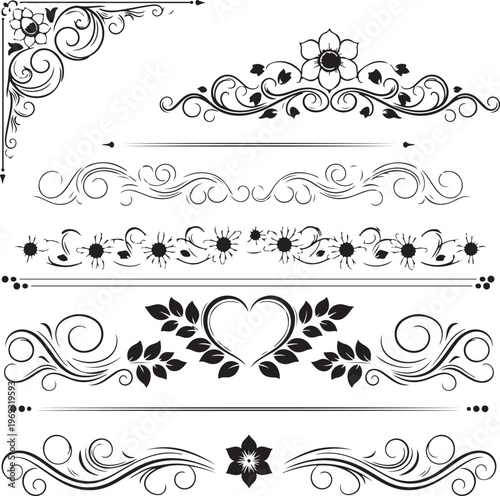 Set of calligraphic floral elements with hearts for wedding invitation design. Vector decorative ornament with flower silhouette. Dividers and frame elements