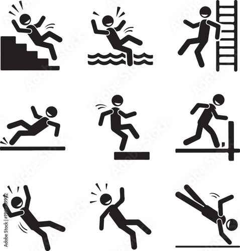 Set of caution symbols with stick figure man falling. Falling down the stairs and over the edge. Wet floor, tripping on stairs. Workplace safety. Vector illustration. Isolated on white background