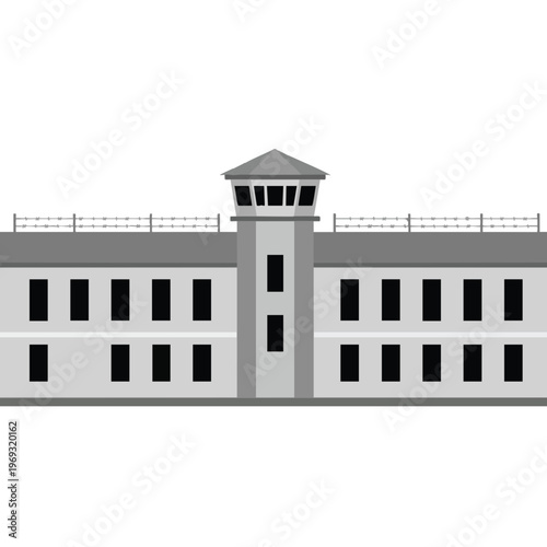 Minimalist illustration of a prison with a central watchtower and barbed wire