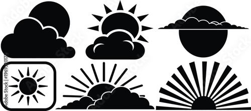 Black silhouette weather icons sun clouds rain and wind a minimalist meteorological collection