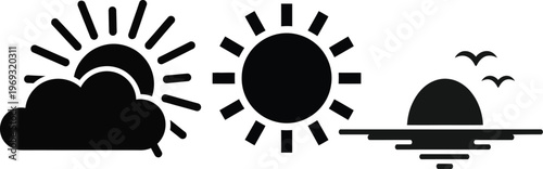Minimalist weather icons sun clouds and moon with birds in a black and white style