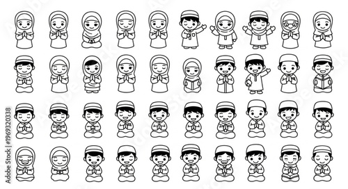 Collection of cute cartoon Muslim kids in various poses and expressions.