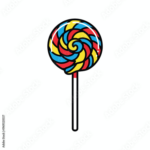 Swirl lollipop with red, blue, and yellow sections on a stick