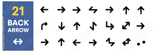 Set of 21 black arrow icons representing various directions and movements on a blue background