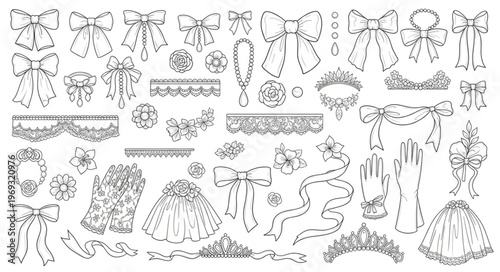Collection of Decorative Bows and Ribbons Hand-Drawn Vector Elements.