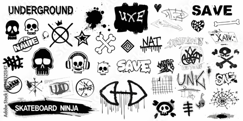 A chaotic collection of black and white graffiti style drawings and lettering