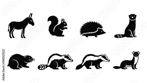 A collection of black animal silhouettes including a donkey squirrel hedgehog and weasel silhouette high quality professional detailed modern elegant stylish