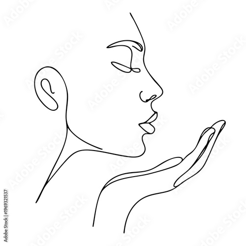 Minimalist continuous line art of a woman's profile blowing a kiss from her hand, black ink on a clean white background.