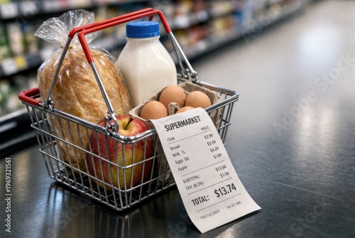 Small grocery basket with only a few basic food items and a high price receipt symbolizing inflation, rising food costs, reduced purchasing power and the economic pressure affecting everyday consumers