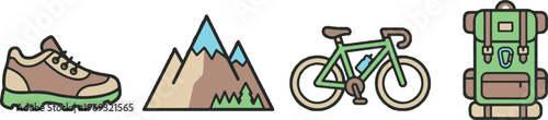 Adventure and Outdoor Hiking Travel Gear Icons
