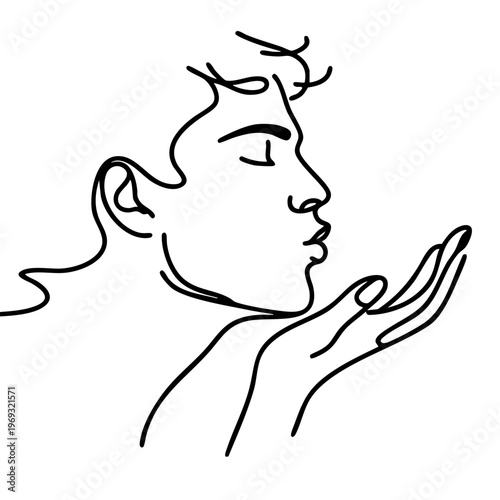 Minimalist black line illustration of a man’s profile blowing a kiss from his palm, featuring a clean and modern artistic style