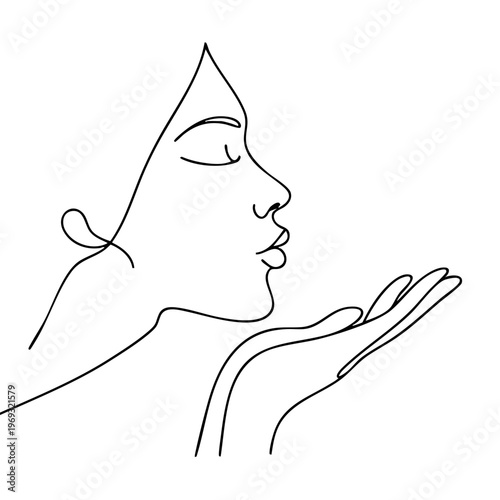 Elegant single line drawing of a woman’s profile blowing a kiss from her hand, featuring a clean, minimalist aesthetic on a white surface.