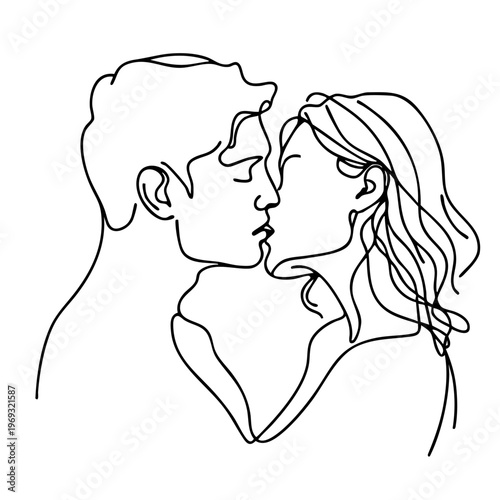 Continuous line art illustration of a man and woman leaning in for a kiss, capturing a moment of romantic connection in a minimalist style.