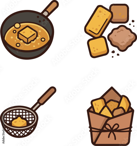 Traditional Fried Snacks Cooking and Packaging Icons

