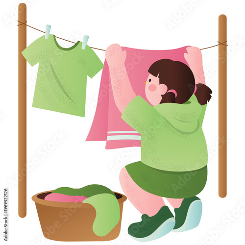 Green Lifestyle Illustration. Vector illustration of Person hanging clothes on line promoting energy saving and eco friendly laundry habits. Isolated on background