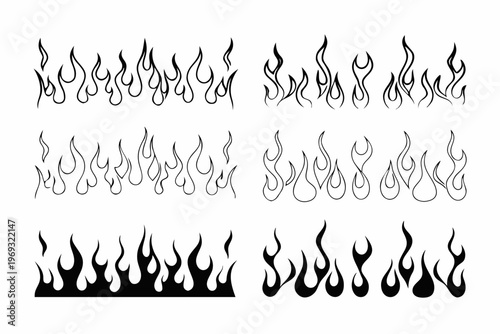 Collection of stylized black flame illustrations arranged in neat rows
