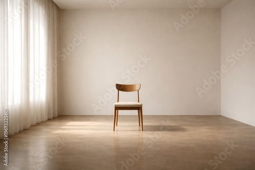 Minimalist empty room featuring a solitary chair centered for serene ambiance