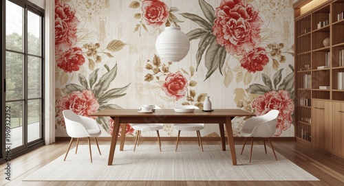 Japandi style dining room featuring minimalist wooden table with white and red accents and wallpaper mockup