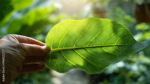 Hand holding a vibrant green leaf in sunlight