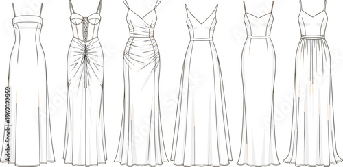 Elegant evening dress collection vector, long gown formal wear set, women fashion illustration, luxury flat sketch apparel template design