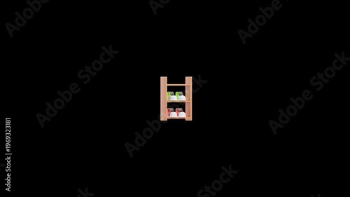 3D animation of shoe rack display with colorful sneakers