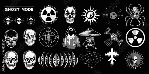 A collection of spooky sci fi and occult themed white illustrations