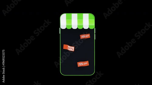 3D animation of Mobile storefront with big discount sale tags