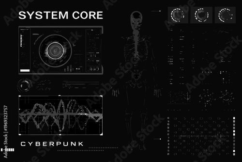 Cyberpunk interface displaying a skeletal structure and complex system diagnostics