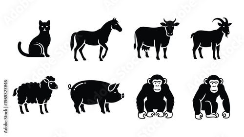 A collection of farm animals and primates are depicted in a striking black silhouette high quality professional detailed modern elegant stylish