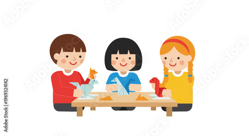 Three children are happily sitting together at a wooden table, engaged in the creative activity of folding colorful origami animals and shapes.