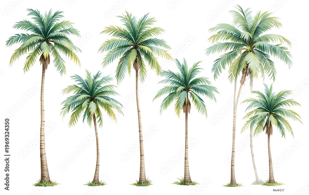 Obraz premium Six palm trees with green leaves on white background tropical plants