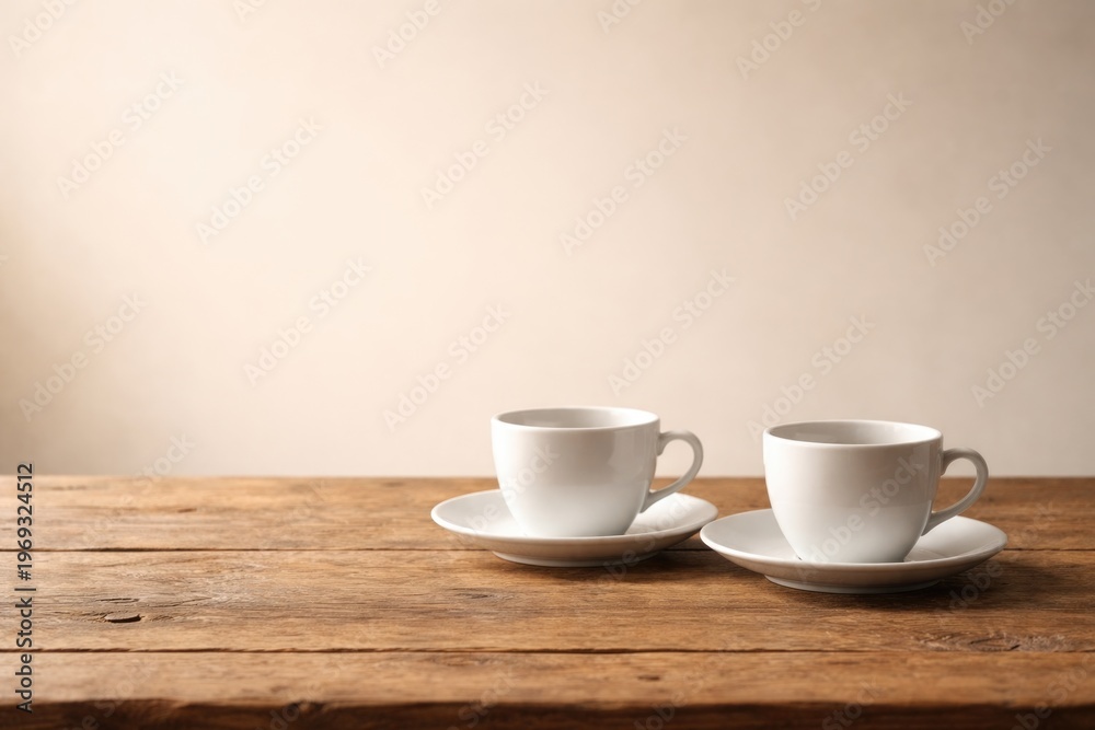 Fototapeta premium Two white ceramic coffee cups on rustic wooden table with empty beige background and copy space