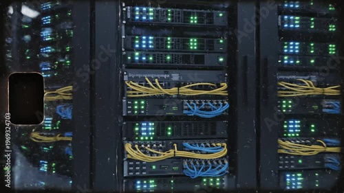 Vintage Style Data Center Interior with Rows of Server Racks and Network Cables