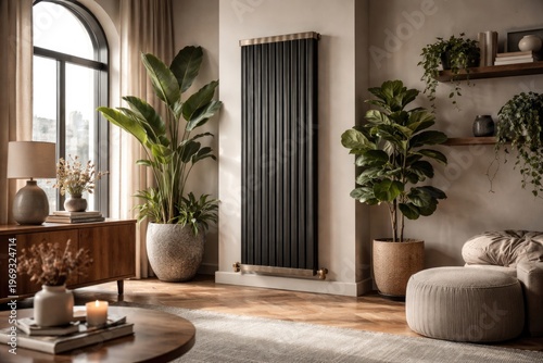 Modern interior design featuring indoor plants and a stylish heating radiator