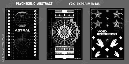 Three black and white abstract panels with celestial and geometric forms