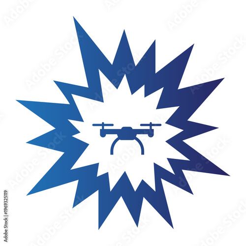 A drone flies through a blue explosion in the air.