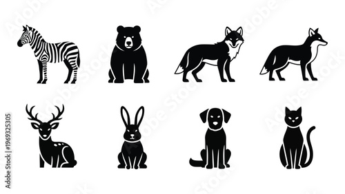 A collection of various animal figures including a zebra bear wolf deer rabbit and dog silhouette high quality professional detailed modern