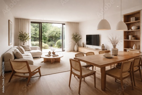 Minimalist modern interior featuring open living space with wooden furniture and stylish decor