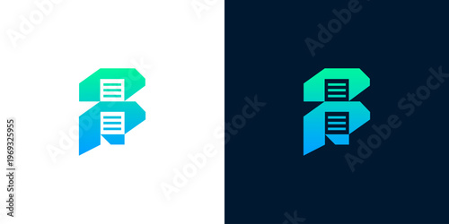 Abstract geometric letter B logo design with gradient colors on white and dark backgrounds